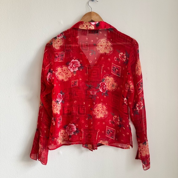 Vintage NYC Design Co Silk Sheer Blouse Small Red Button Up Romantic - Picture 2 of 7
